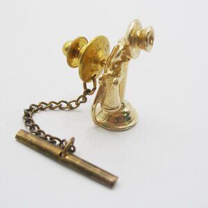 Vintage Candle Stick Telephone Tie Tack with Chain gold tone RUGIN Pin